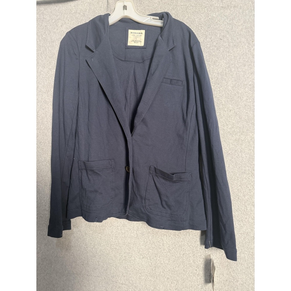 Sonoma Blazer Womens L Blue Knit Jersey Button Front Casual Jacket Pockets